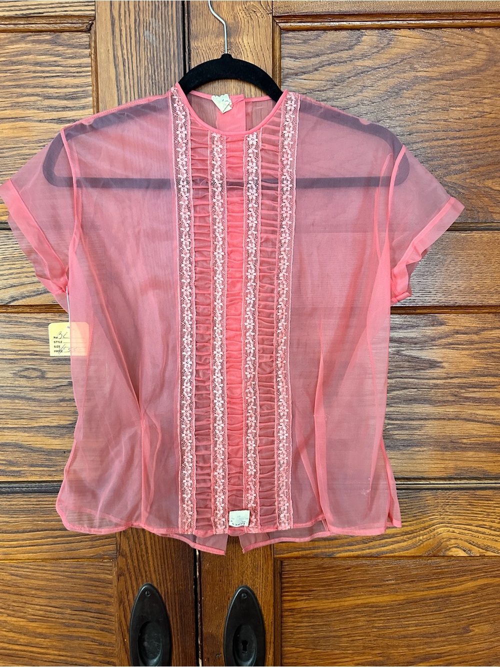 Vintage Sheer Pink Lace-Trim Short Sleeve Top